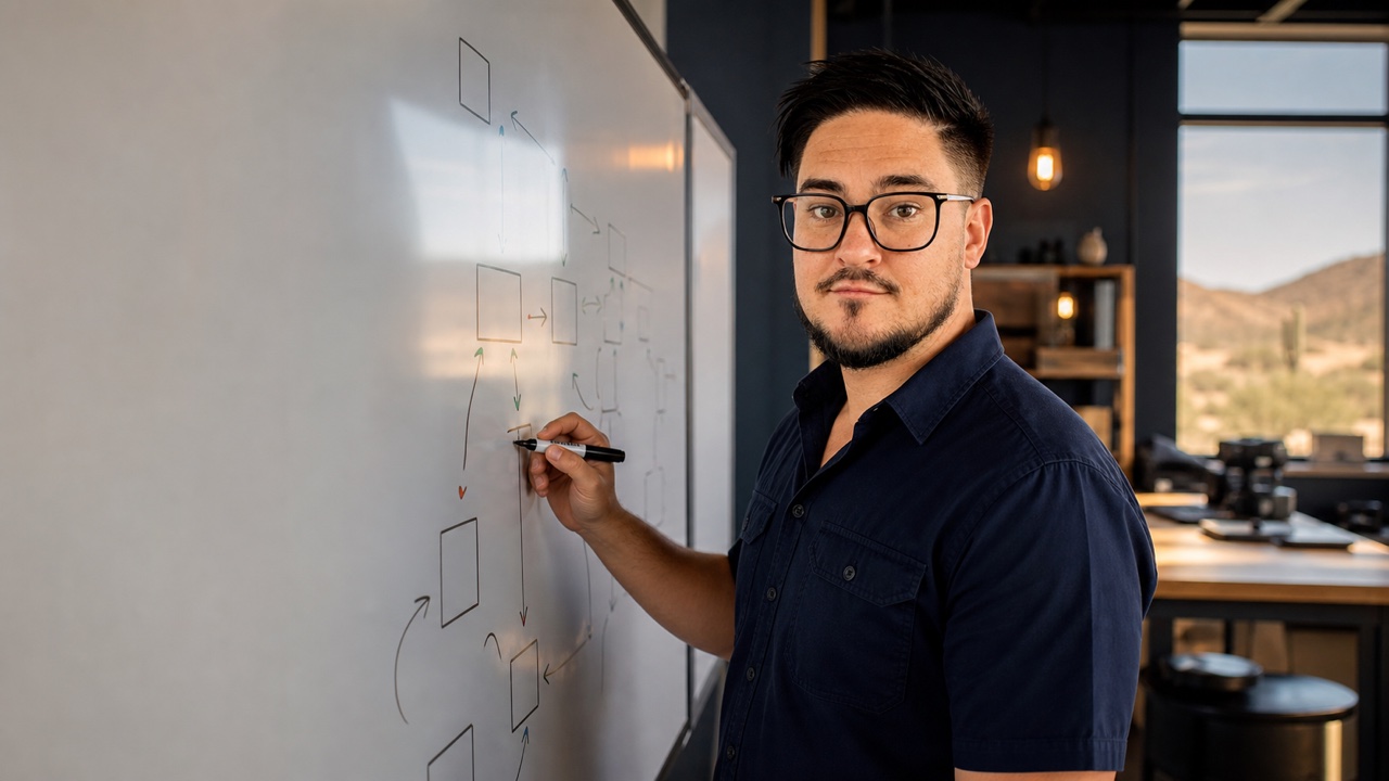 Synthetic editorial scene of Garrett Pifer mapping a business workflow on a whiteboard